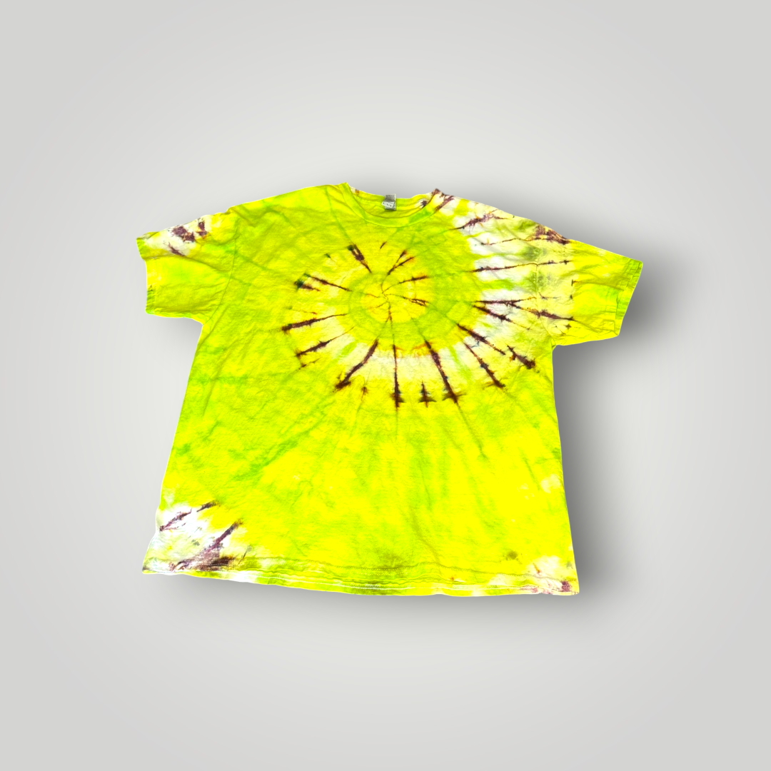 "Electric Pulse" Neon Spiral T-shirt – Lime & Umber – 1 of 1 (Size L)